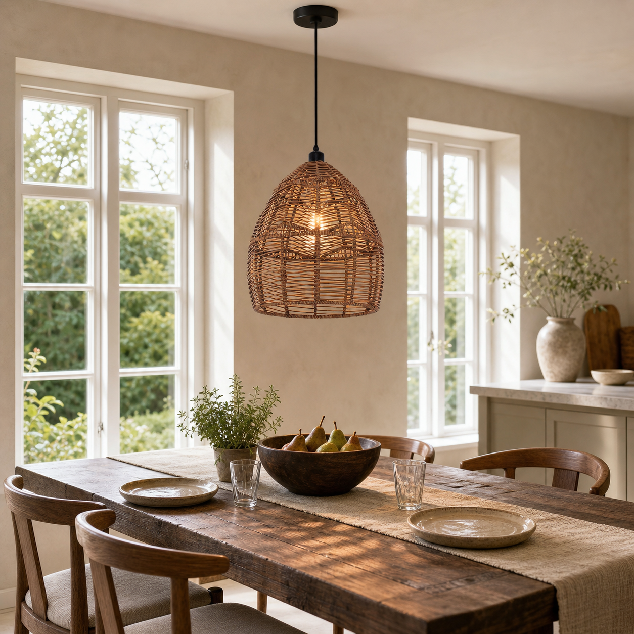 rattan wicker pendant light over a warm kitchen counter