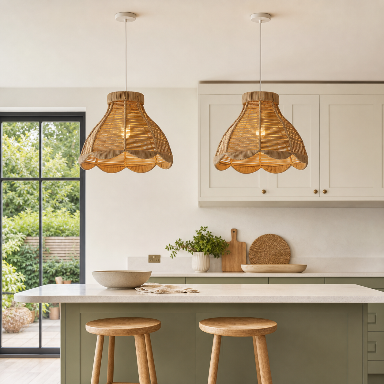 rattan pendant light in a sunlit breakfast nook