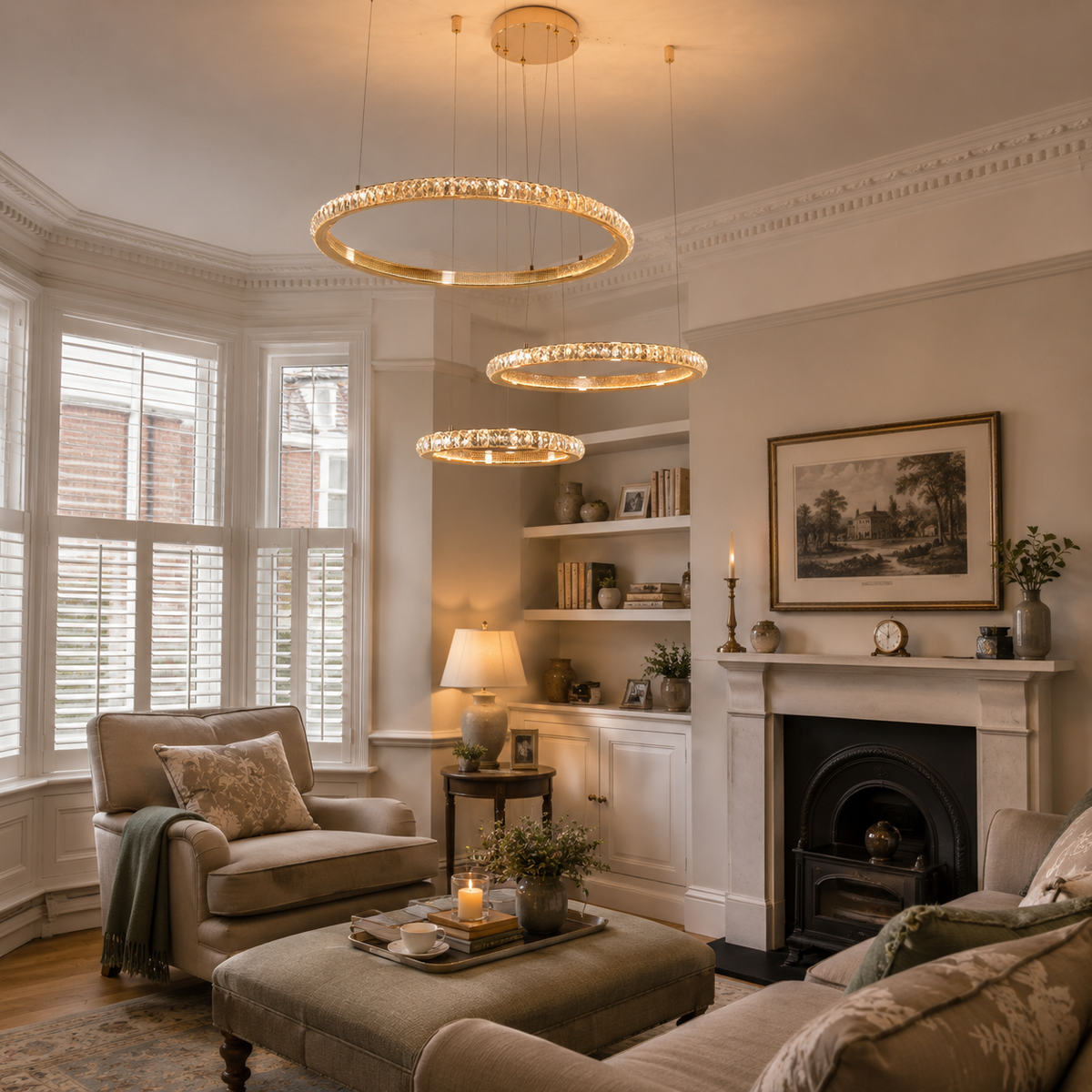 ring pendant light above a bright dining table
