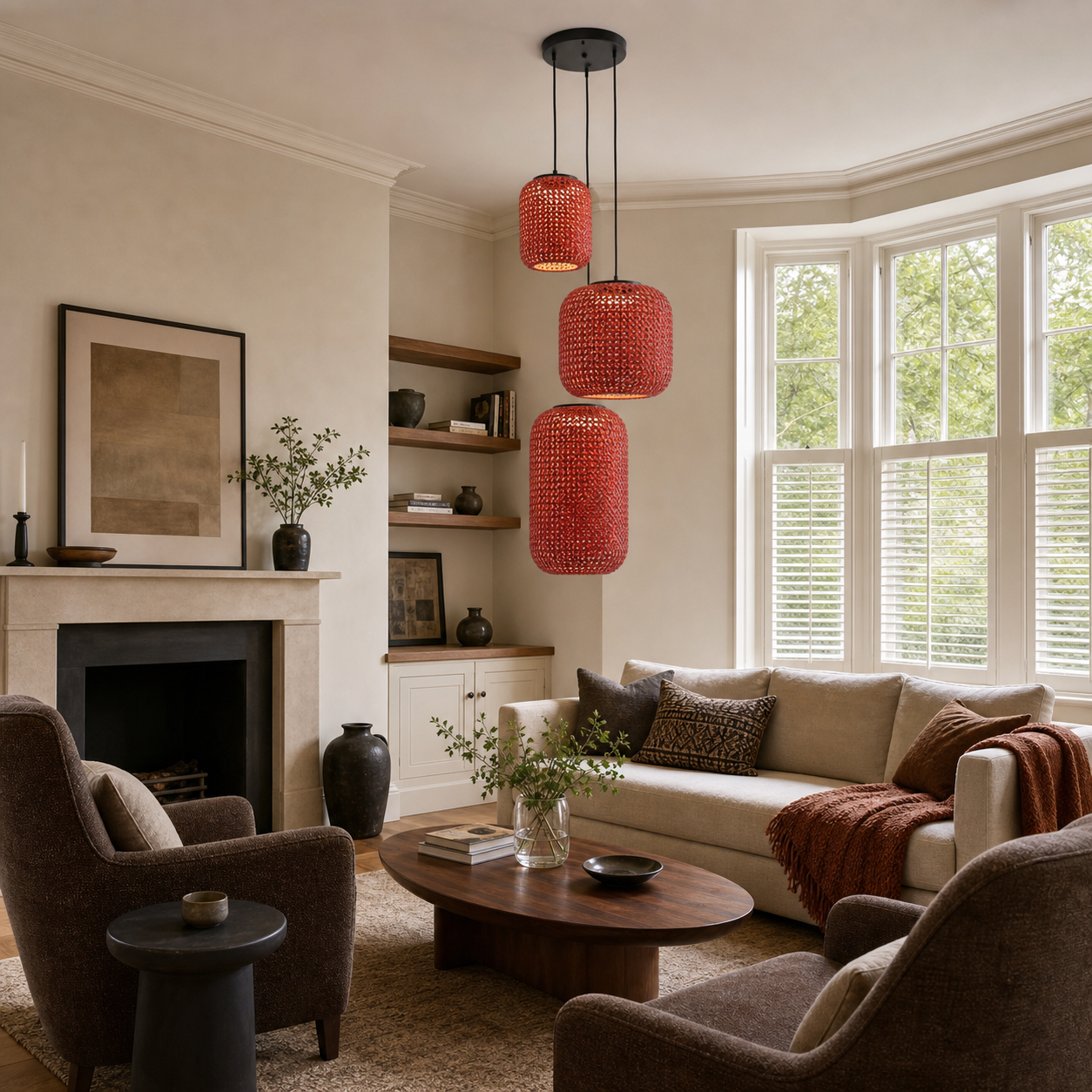 designer high-end handwoven multi-light pendant light above a bright dining table