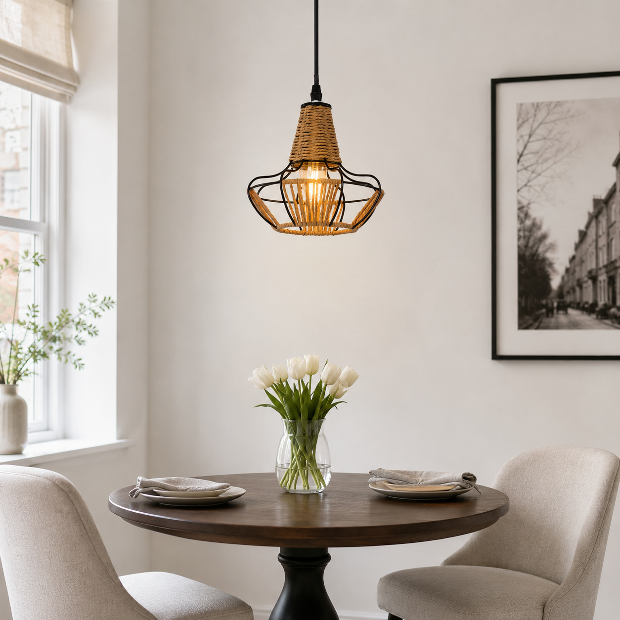 rattan iron pendant light above a bright dining table