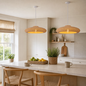 rattan pendant light over a warm kitchen counter