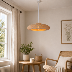 rattan pendant light in a sunlit breakfast nook