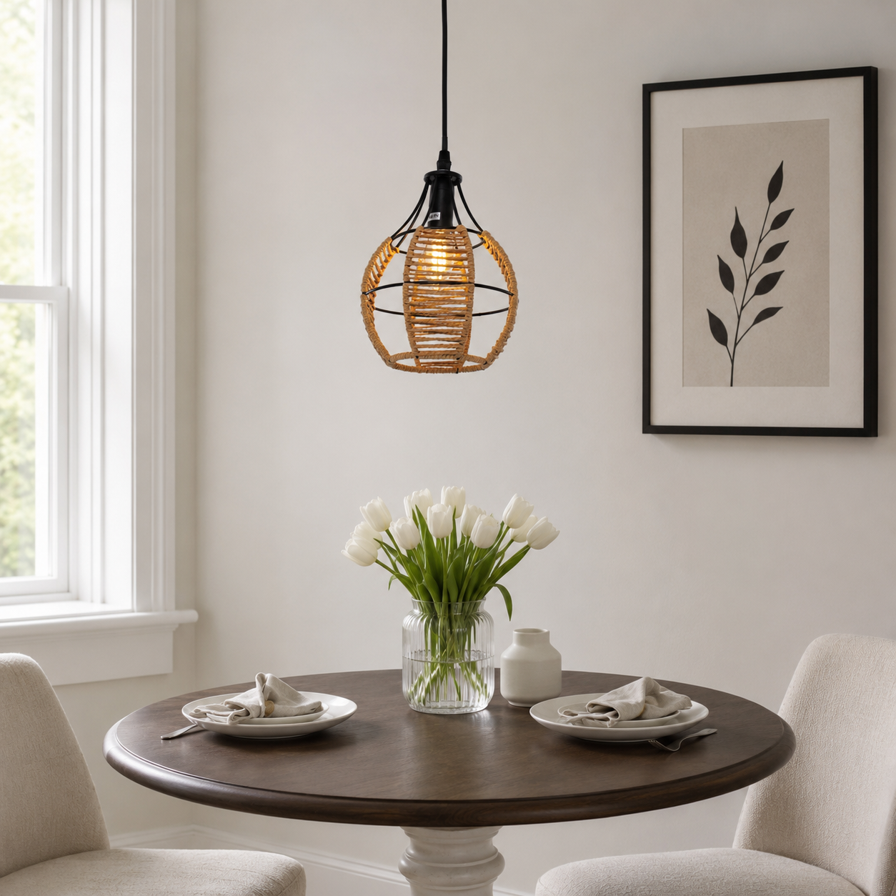 paper rope pendant light above a bright dining table