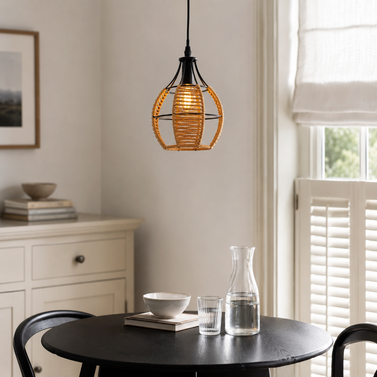 paper rope pendant light over a warm kitchen counter