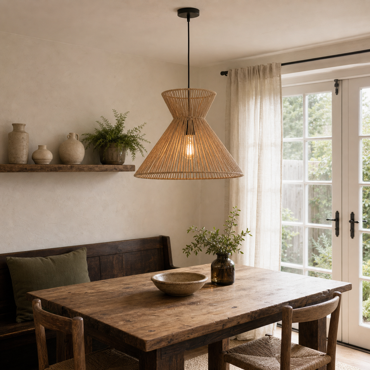 paper rope pendant light above a bright dining table