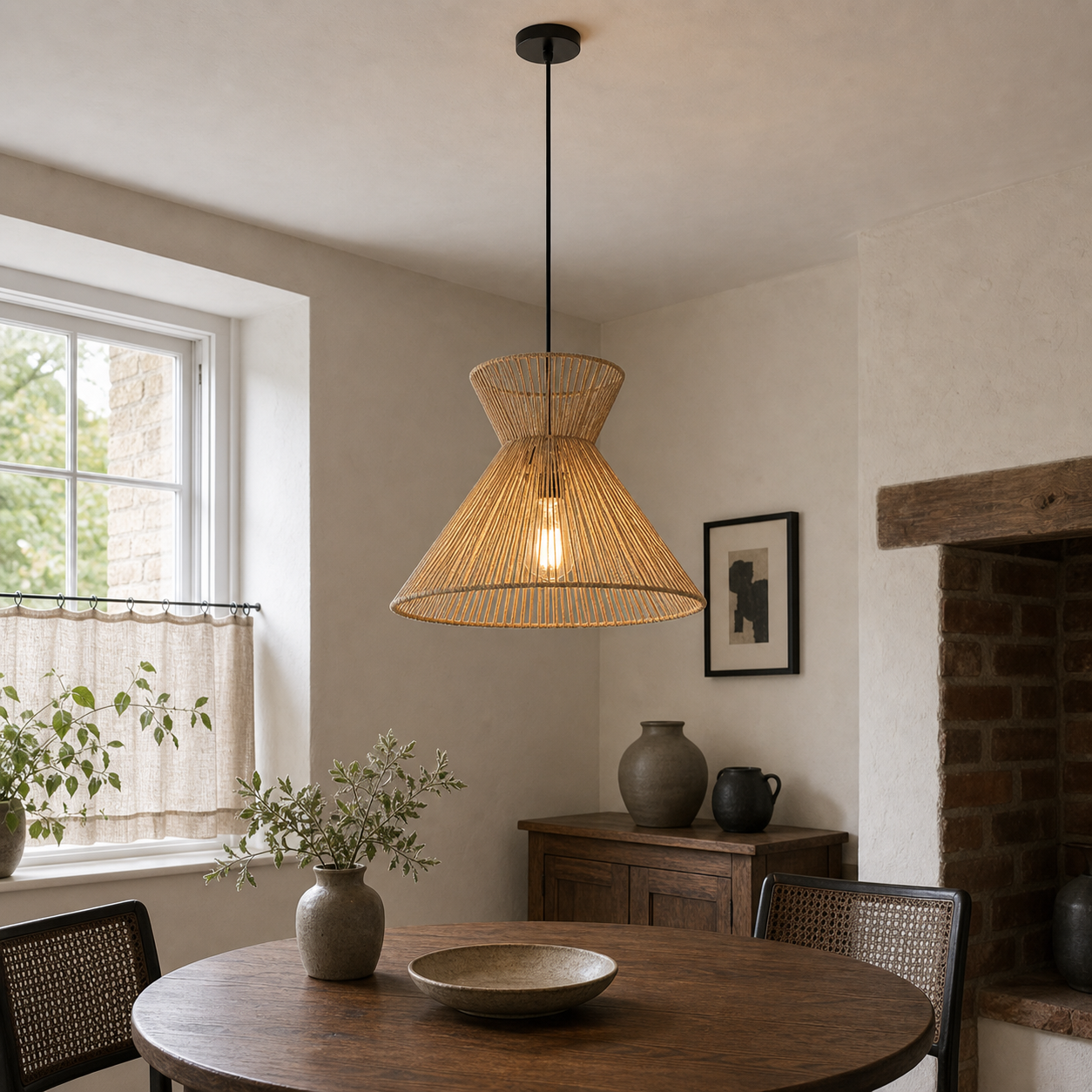 paper rope pendant light over a warm kitchen counter