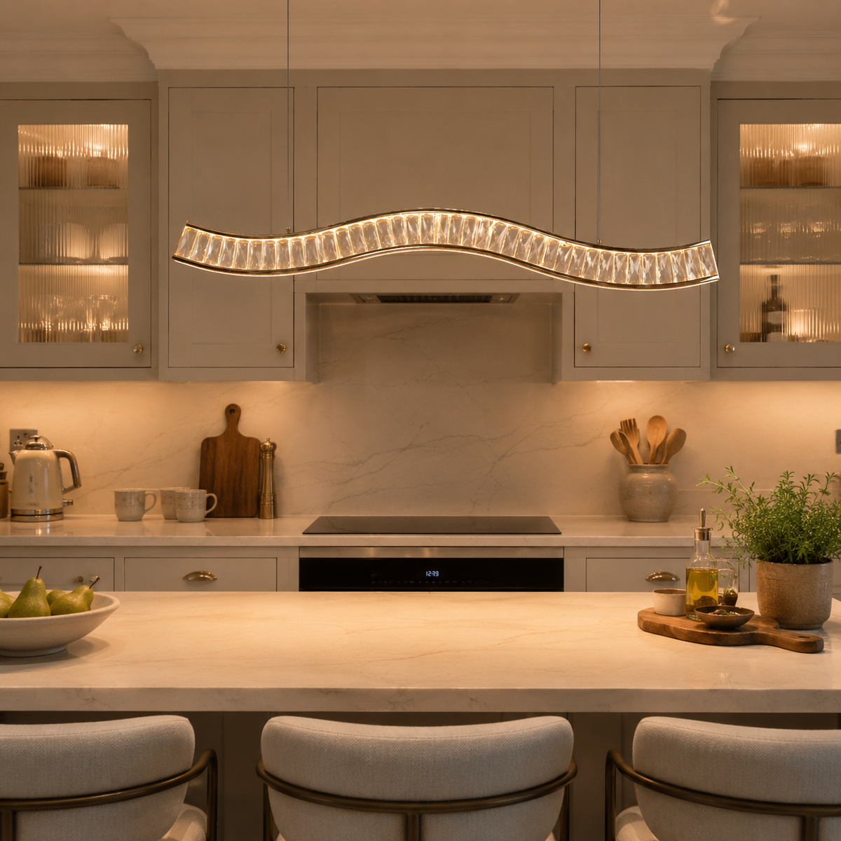 wave-detail pendant light above a bright dining table