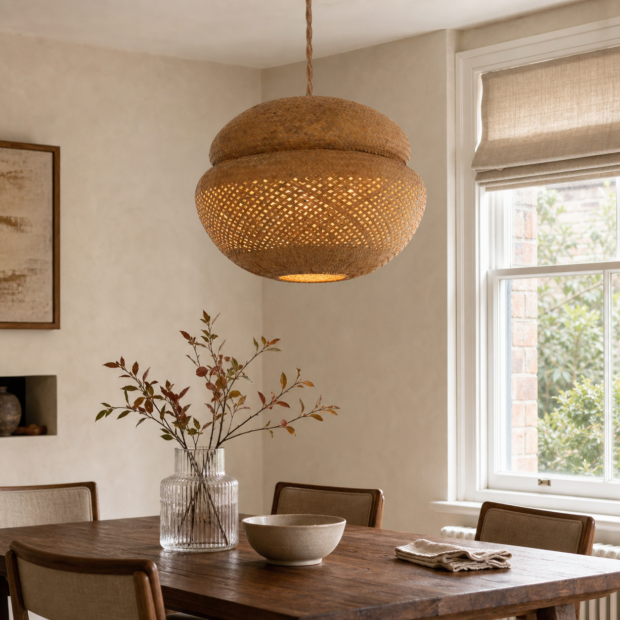 handwoven bulrush - eco-friendly pendant light above a bright dining table