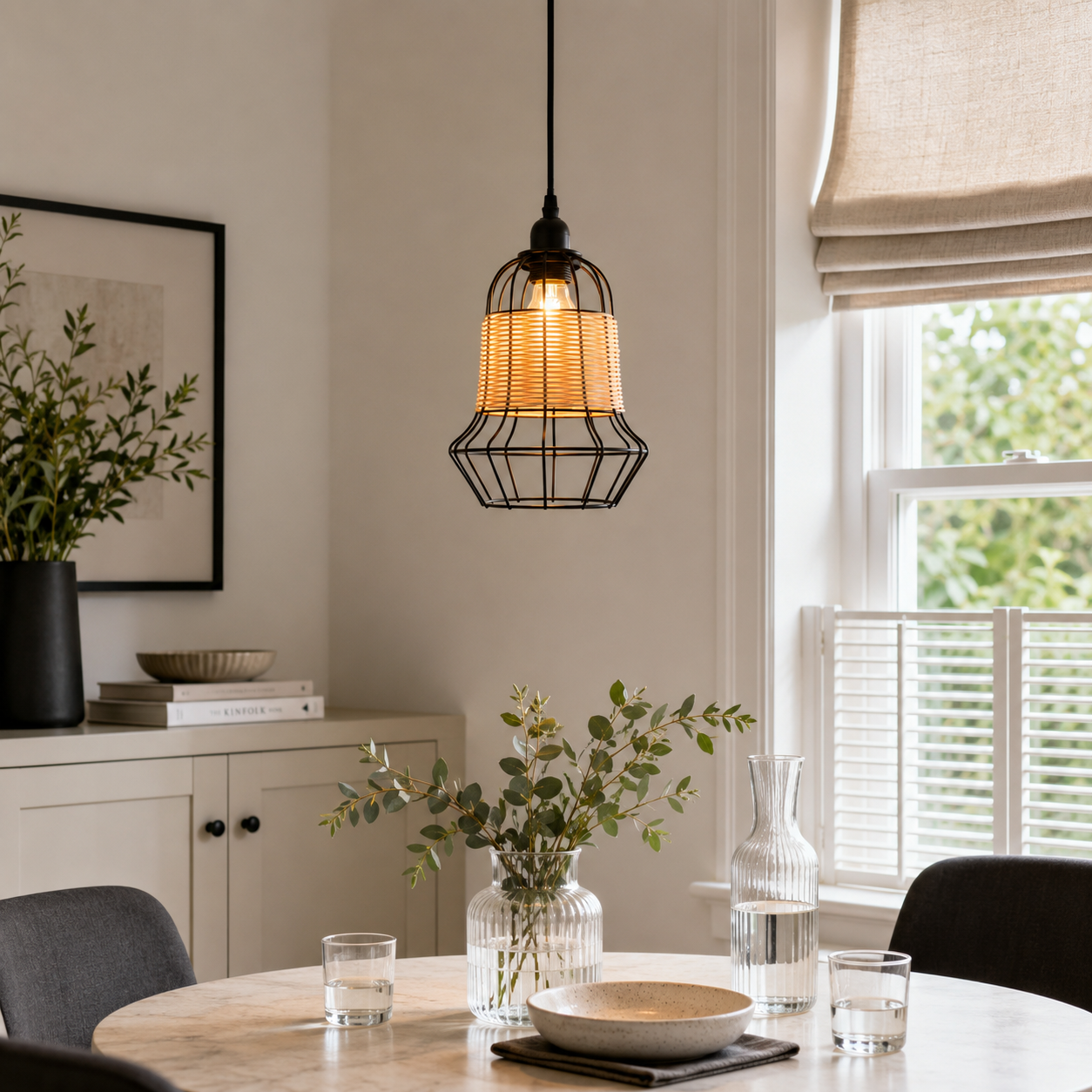 rattan iron basket pendant light above a bright dining table