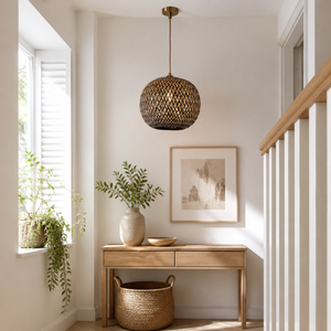 bamboo pendant light over a warm kitchen counter