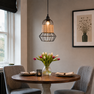 rattan iron basket pendant light in a sunlit breakfast nook