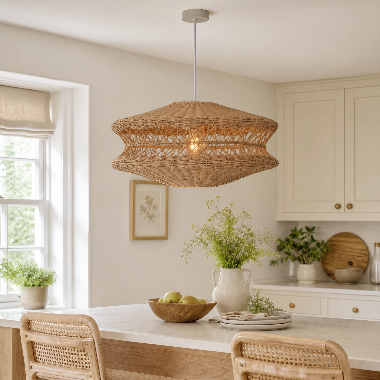 Layered wicker pendant over a bright kitchen dining table
