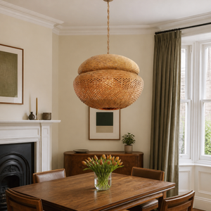 handwoven bulrush - eco-friendly pendant light beside a bright window