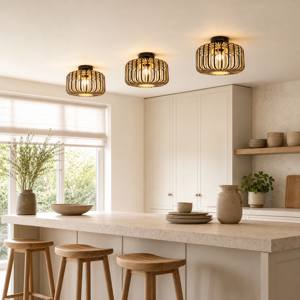 bamboo pendant light in a sunlit breakfast nook