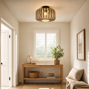 bamboo pendant light beside a bright window