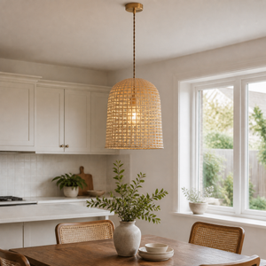 Bamboo pendant light above a white kitchen counter