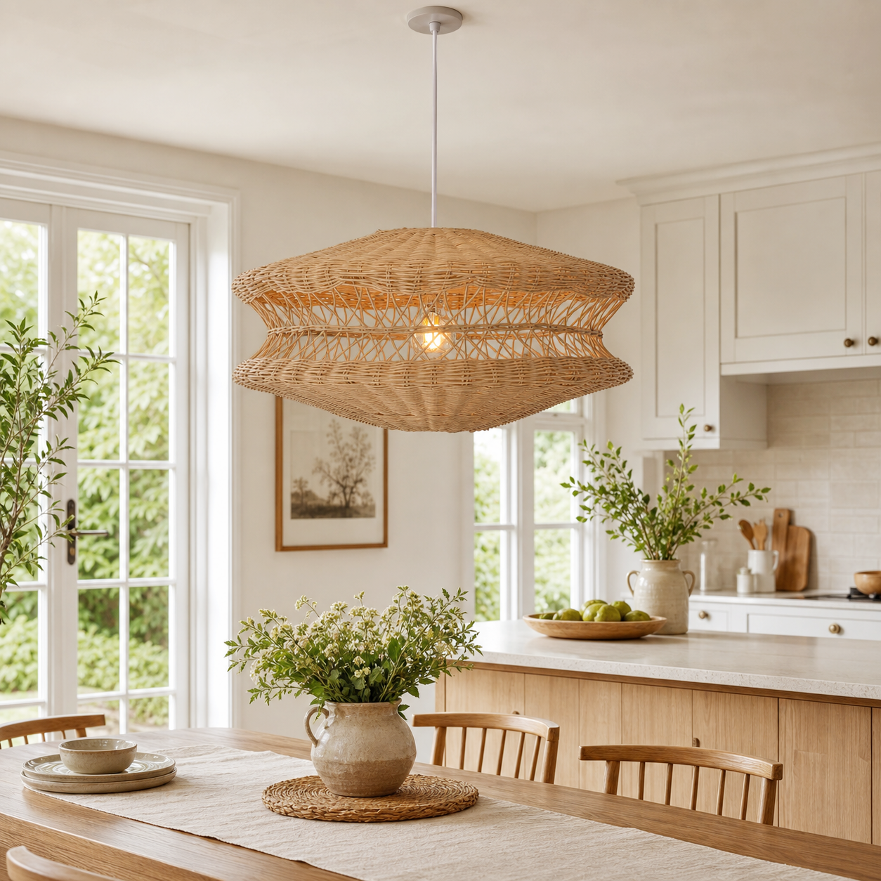 Bohemian woven wicker pendant above a warm kitchen counter