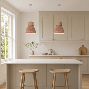 rattan pendant light above a bright dining table