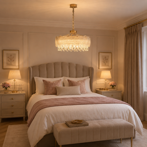 arvia-opulent gold crystal accents pendant light above a bright dining table