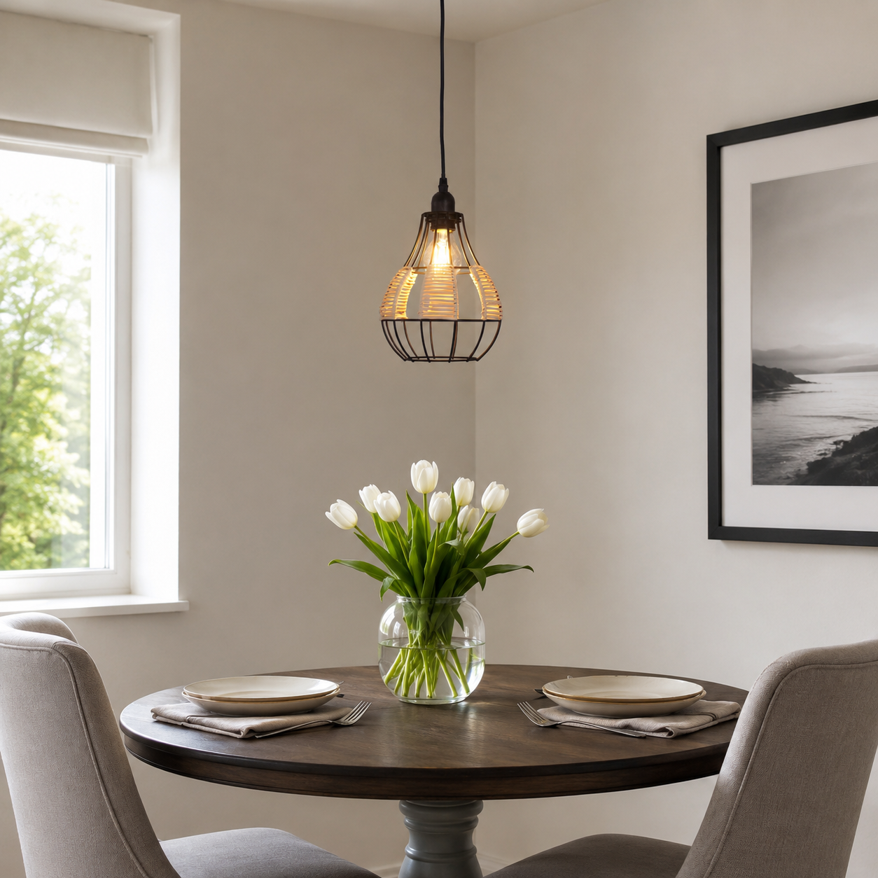 rattan basket pendant light above a bright dining table