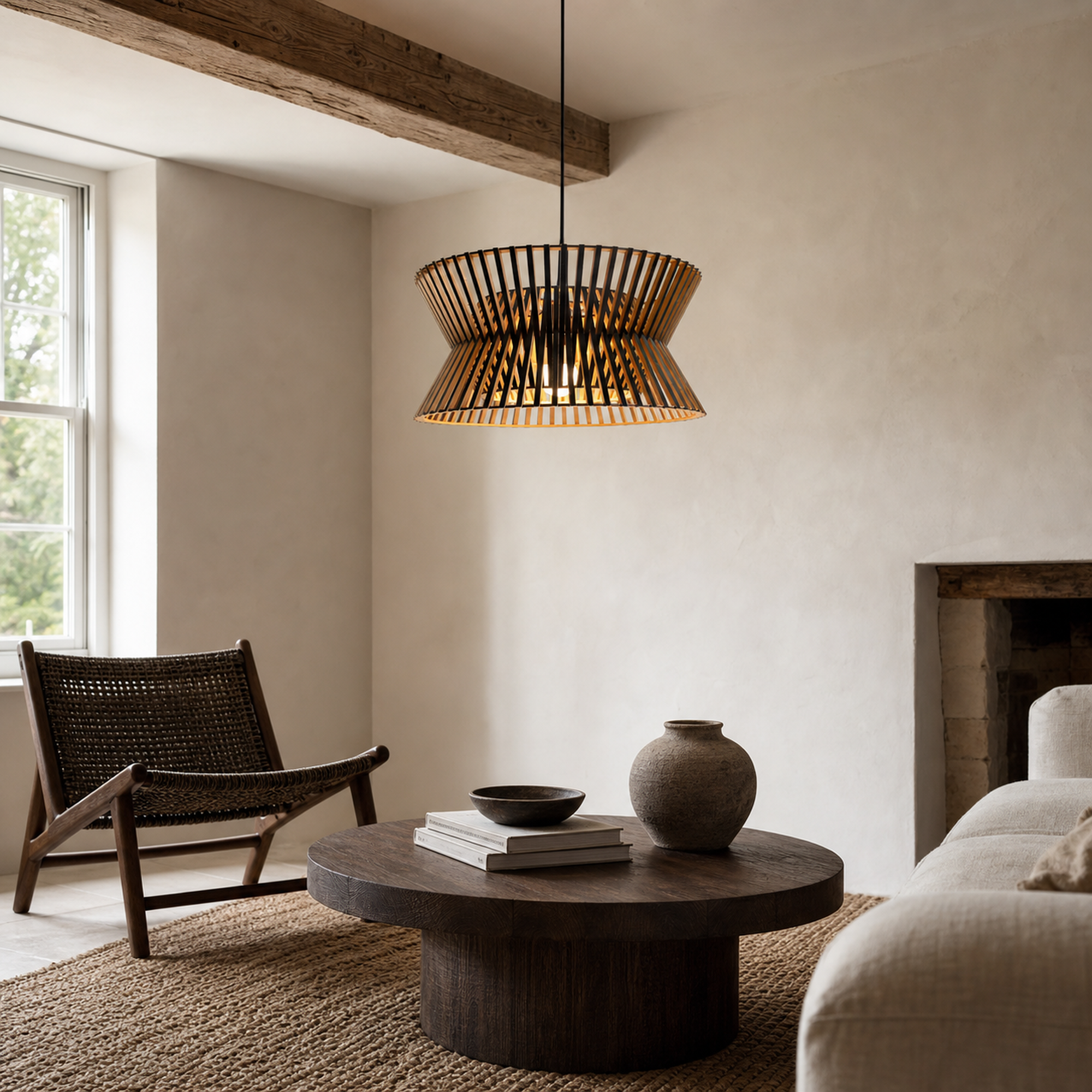 wood drum pendant light over a warm kitchen counter