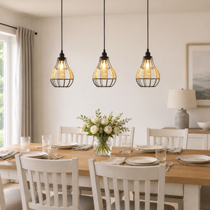 rattan basket pendant light in a sunlit breakfast nook