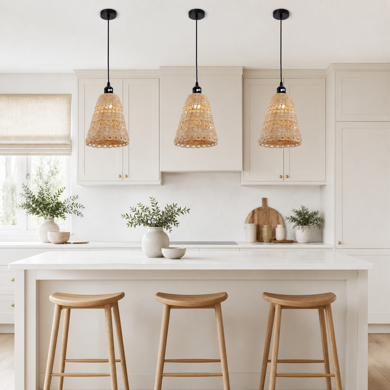 bamboo pendant light in a sunlit breakfast nook