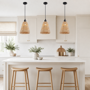 bamboo pendant light in a sunlit breakfast nook