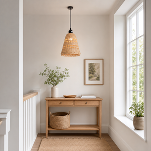 bamboo pendant light over a warm kitchen counter