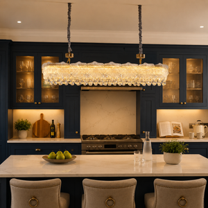 arvia-opulent gold crystal accents pendant light over a warm kitchen counter