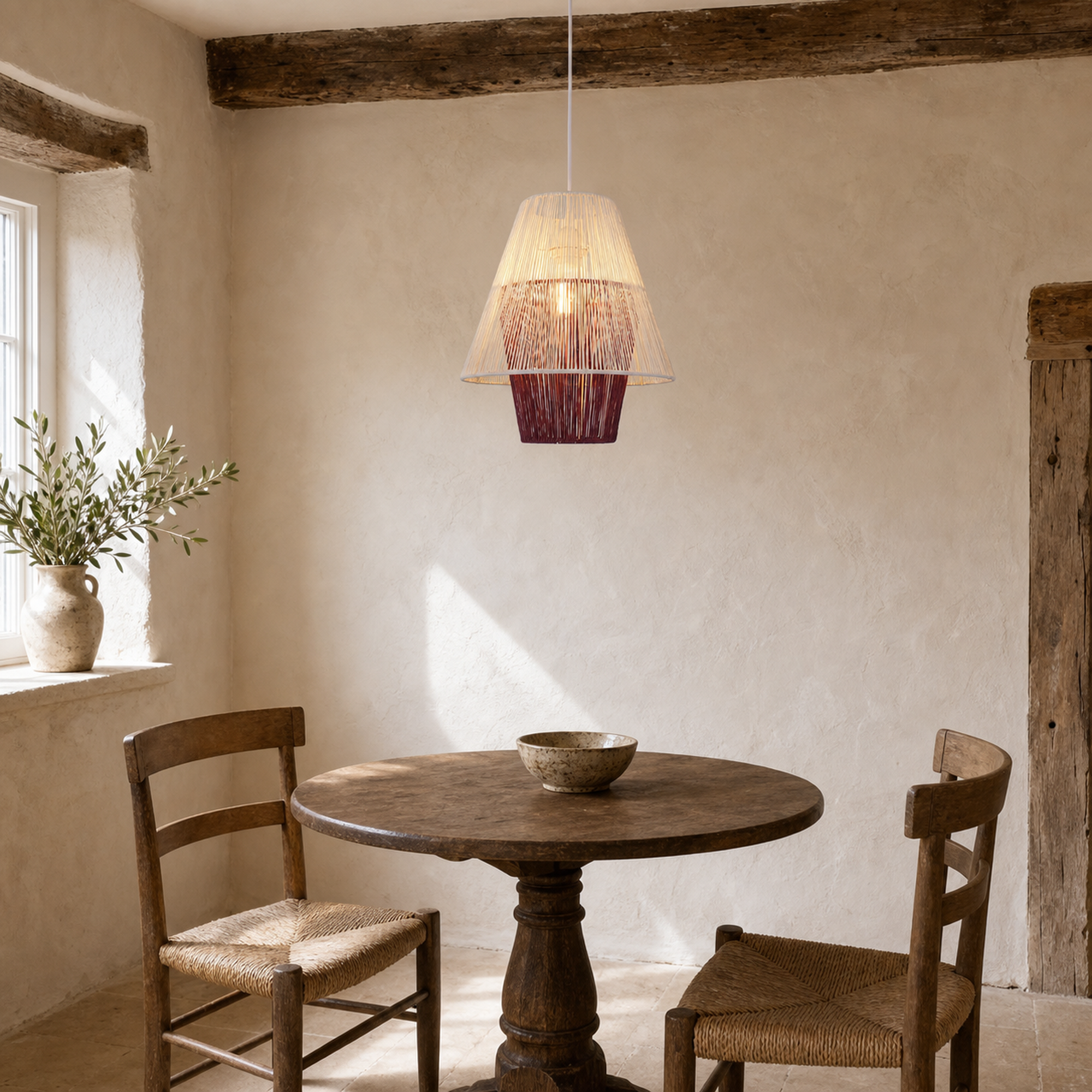 purple white paper rope pendant light over a warm kitchen counter