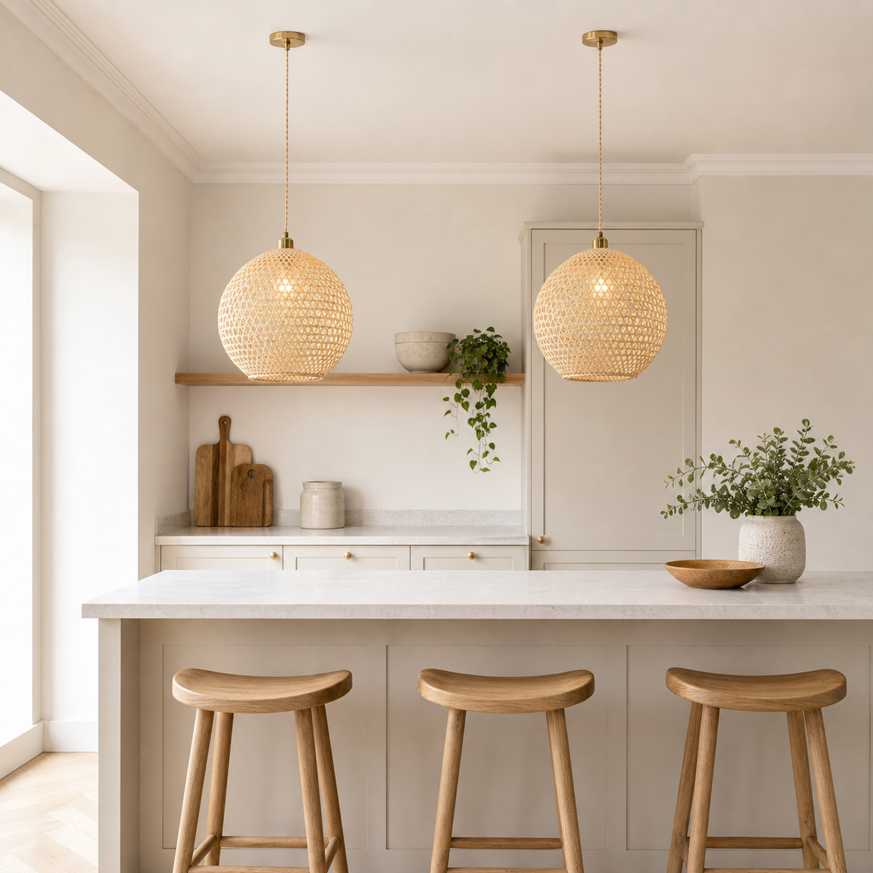 bamboo pendant light above a bright dining table