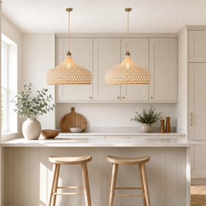 bamboo pendant light above a bright dining table