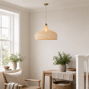 bamboo pendant light above a bright dining table