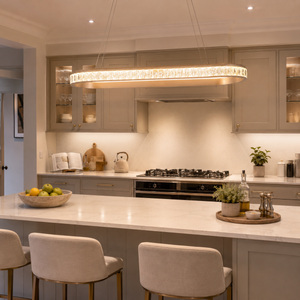 oval pendant light above a bright dining table