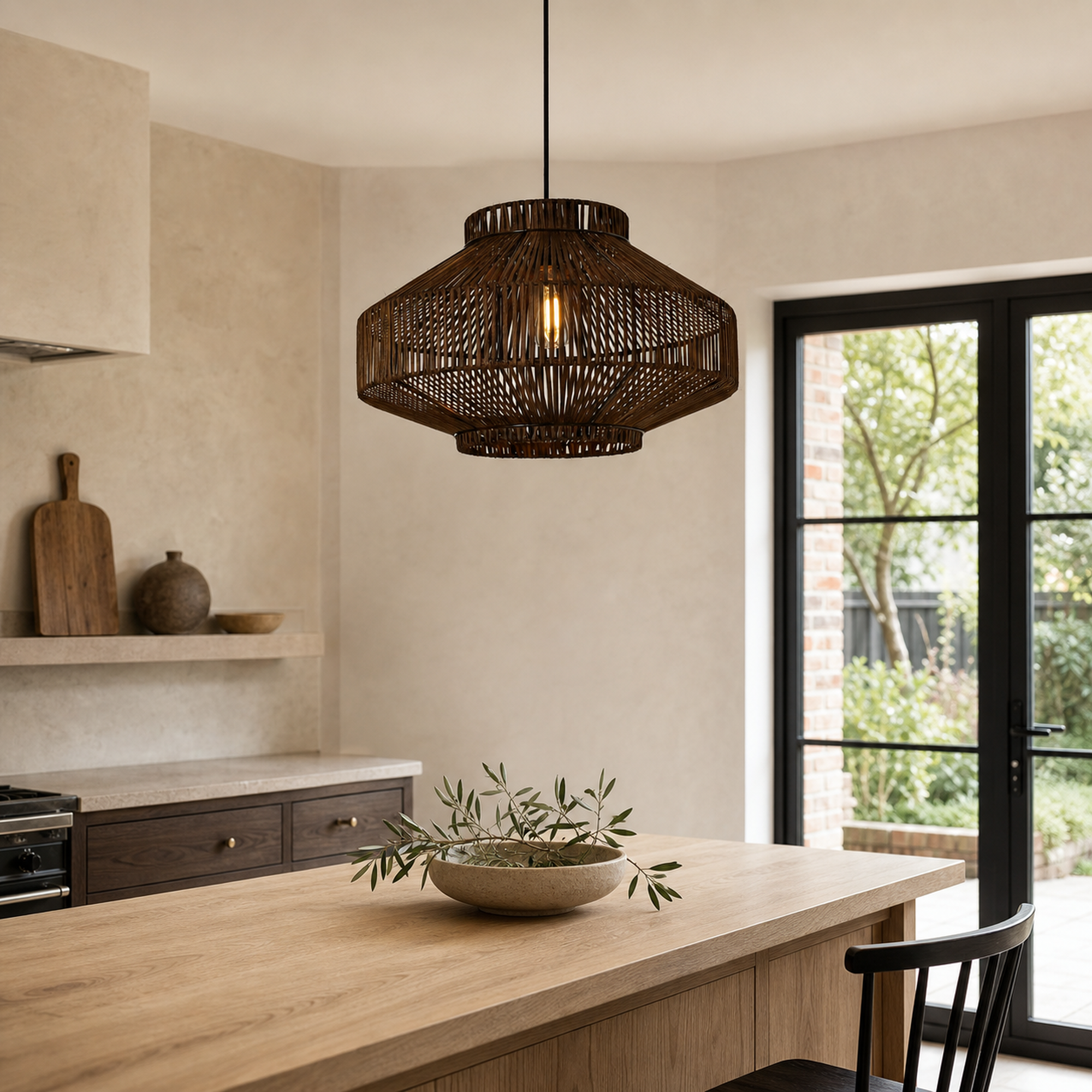 rattan pendant light above a bright dining table