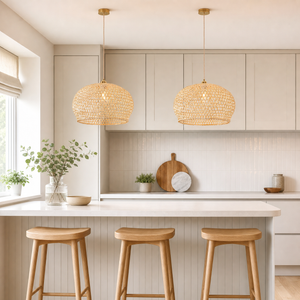 bamboo pendant light above a bright dining table