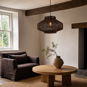 rattan pendant light over a warm kitchen counter