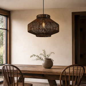 rattan pendant light in a sunlit breakfast nook
