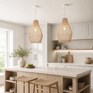 bamboo rattan pendant light above a bright dining table