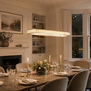 oval pendant light beside a bright window