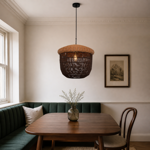 paper rope basket pendant light beside a bright window