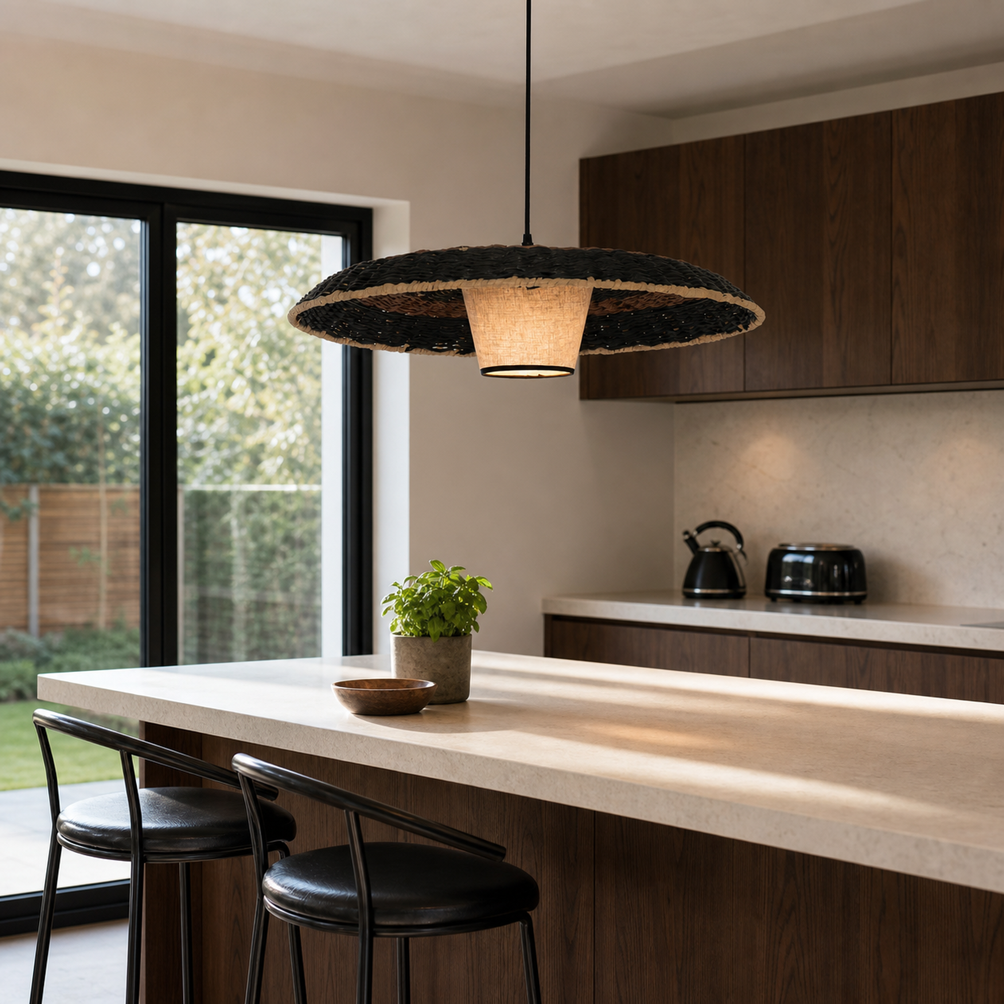 stylish two-tone handwoven stylish pendant light over a warm kitchen counter