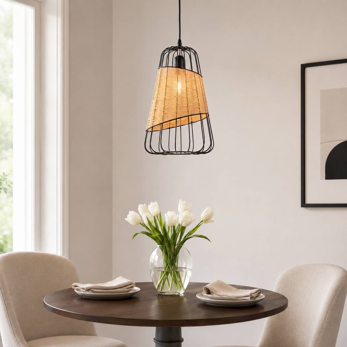 rattan iron lantern pendant light above a bright dining table