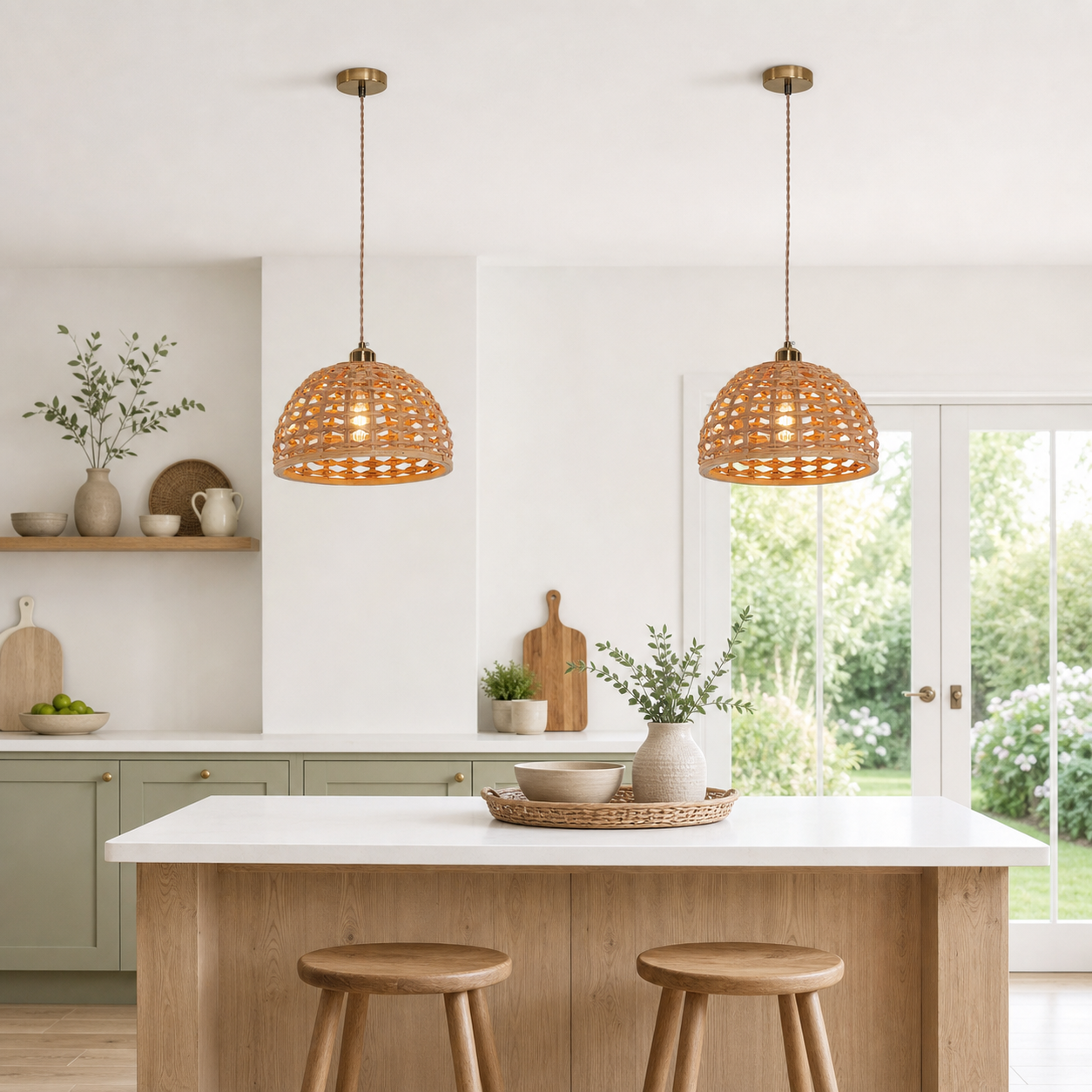 wood dome pendant light over a warm kitchen counter