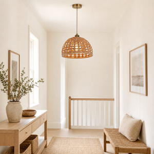 wood dome pendant light over a warm kitchen counter