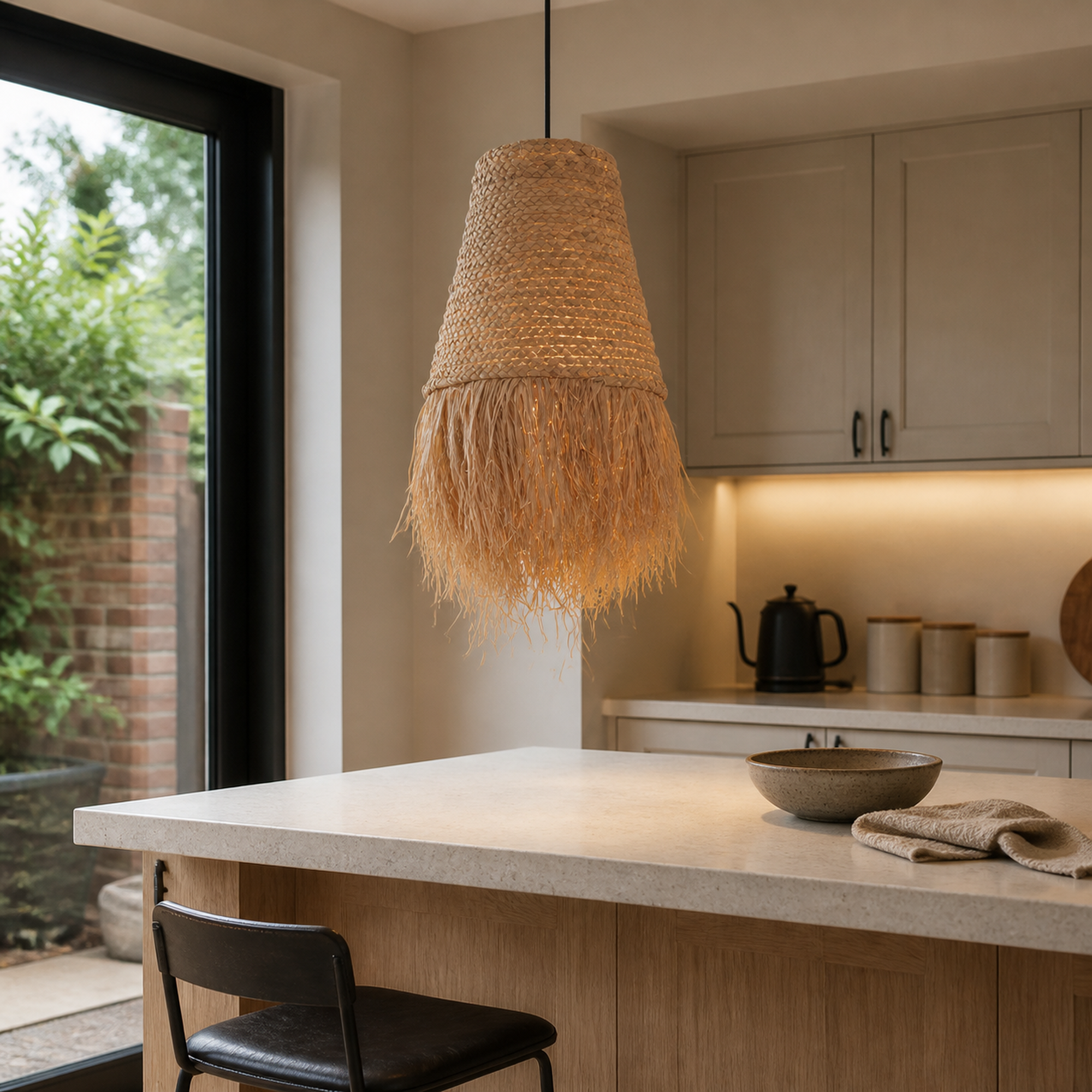 zen wabi-sabi woven grass pendant light over a warm kitchen counter