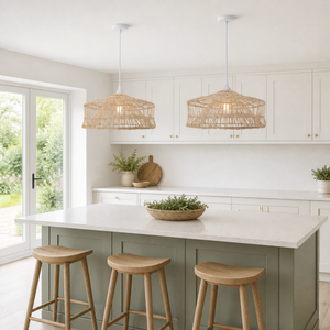 nestline handwoven shallow lamp pendant light over a warm kitchen counter