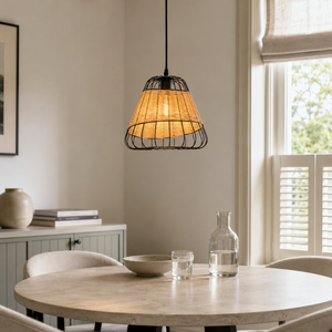 bell pendant light over a warm kitchen counter